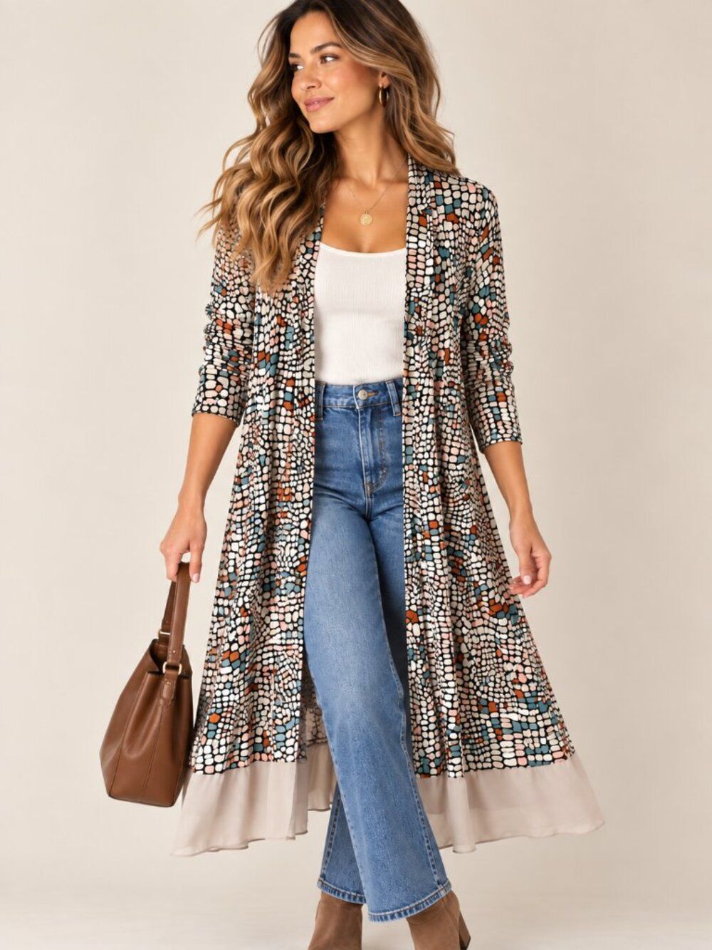LOGO Lori Goldstein Leticia Duster L Mosaic Print Boho Lagenlook Cardigan